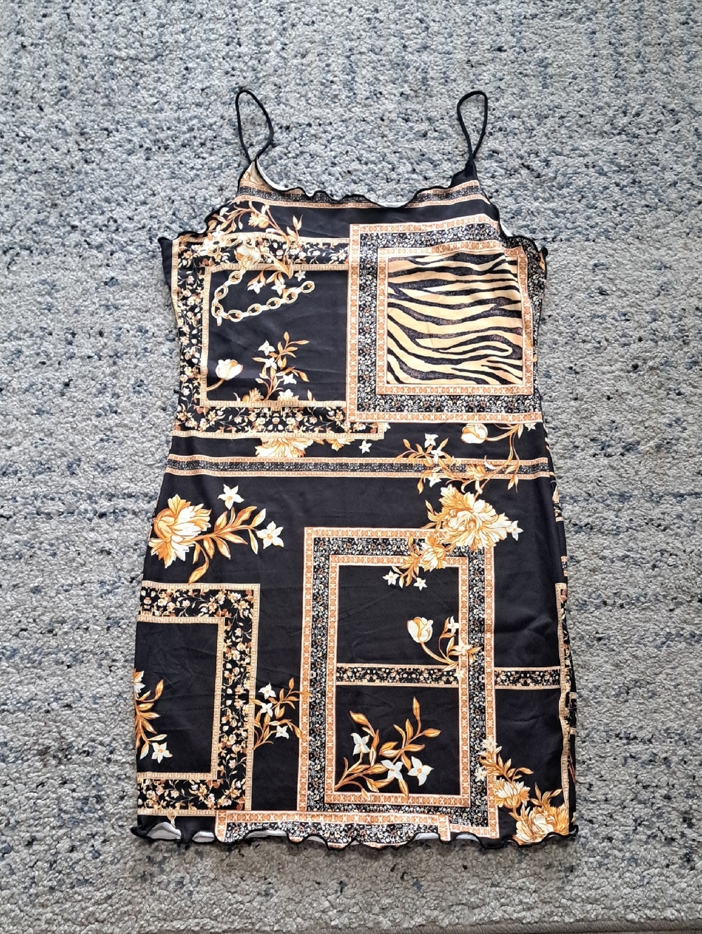 SHEIN Black Slip Dress with Gold Floral & Zebra Print